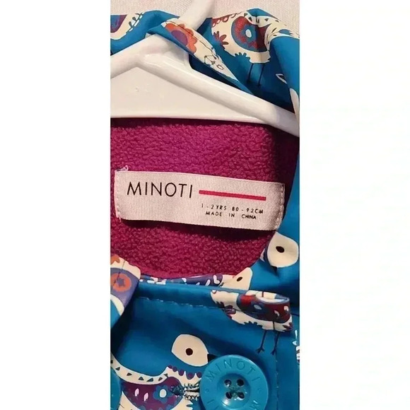 Minoti Toddler Fleece Lined Rain Coat Size 1-2yrs Blue With Paisley Birds Button - Picture 4 of 9